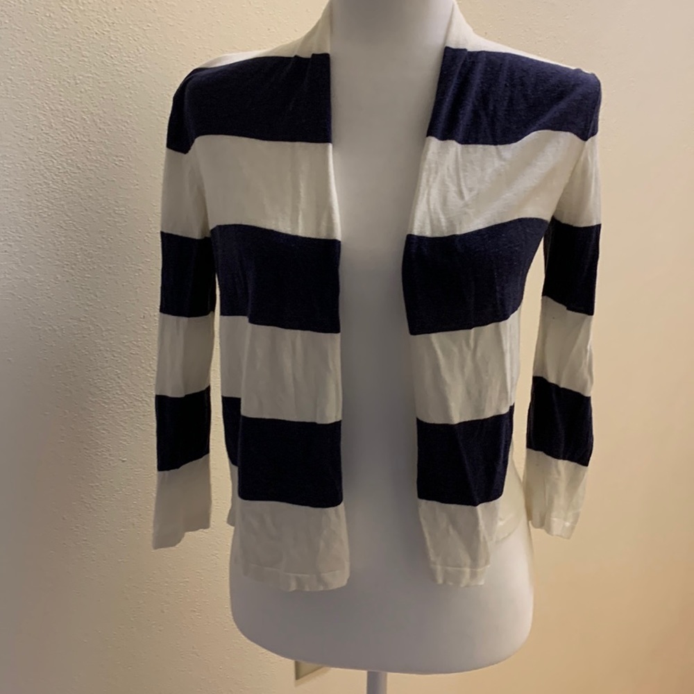 New York & Company Blue and White Striped Open Front Cardigan size S